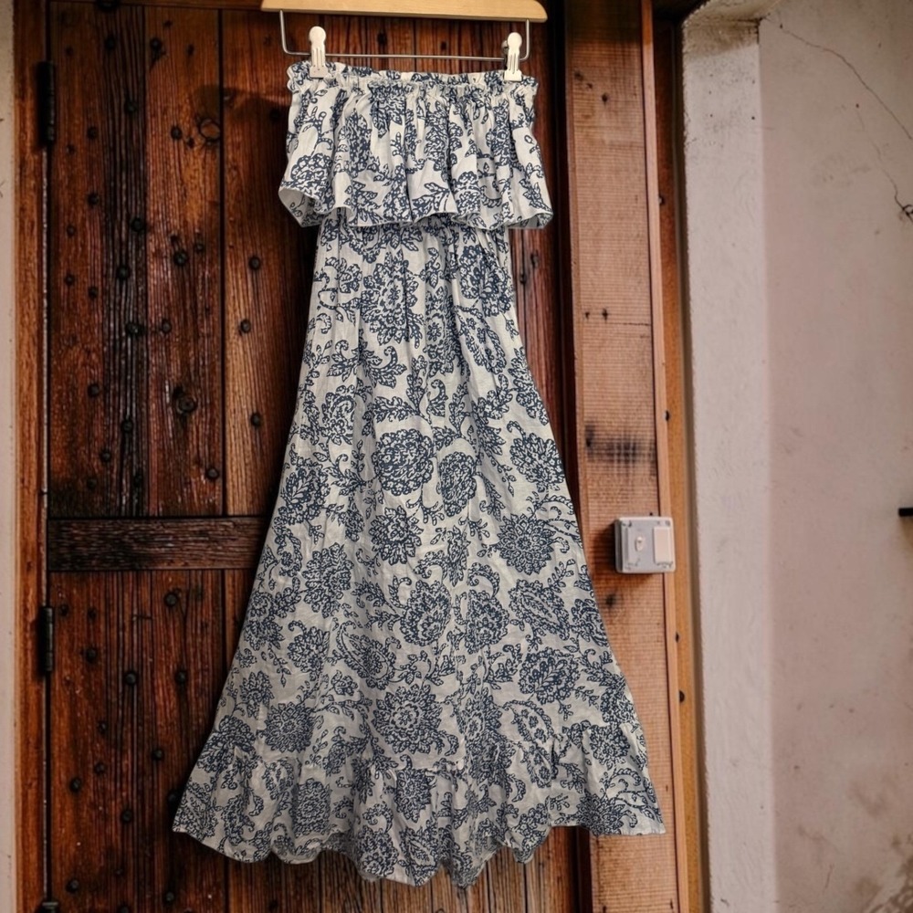 Moda International Linen Long Maxi Dress Blue Paisley Off Shoulder Smocked S